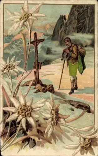 Präge Litho Wanderer am Kreuz stehend, Edelweiß