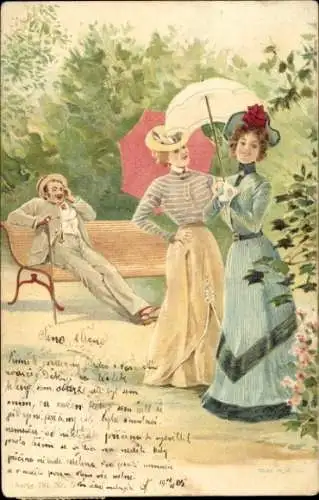 Litho Mann flirtet mit zwei Damen im Park