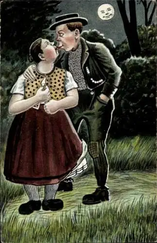 Ak Liebespaar küsst sich bei Mondenschein