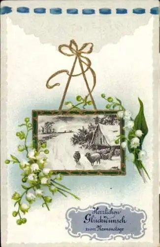 Passepartout Ak Glückwunsch Namenstag, Dorfpartie, Maiglöckchen