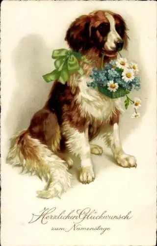 Ak Glückwunsch Namenstag, Hund mit Blumenkorb