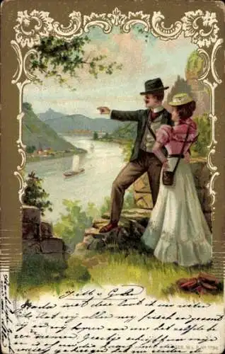 Präge Litho Liebespaar, Spaziergang, Landschaft, Fluss