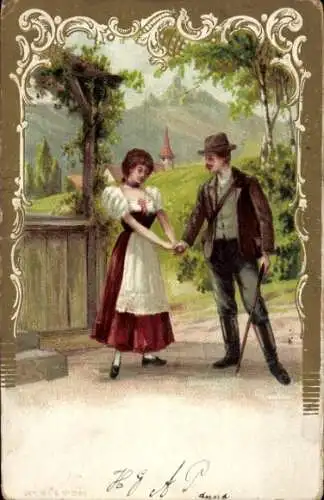 Präge Litho Liebespaar, Spaziergang, Frau in Tracht