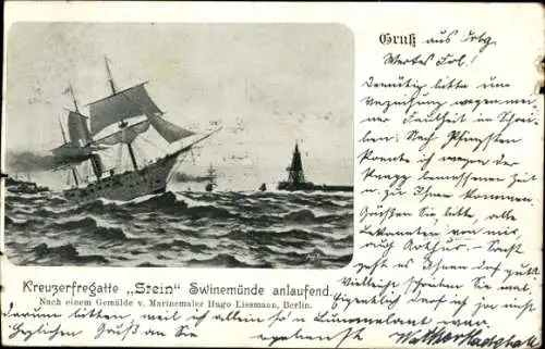 Ak Świnoujście Swinemünde Pommern, Kreuzerfregatte Stein Swinemünde anlaufend