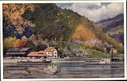 Künstler Ak Schmidt, Rup., Obermühl Oberösterreich, Salondampfer, Häuser am Ufer