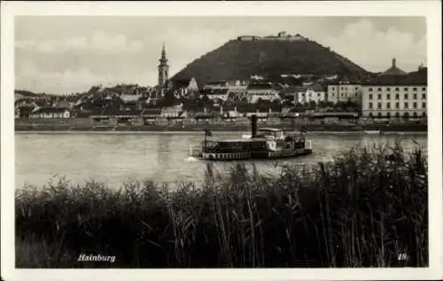 Ak Hainburg an der Donau Niederösterreich, Schiff auf der Donau, Stadtansicht, Hügellandschaft