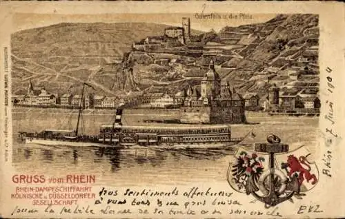 Ak Caub Kaub am Rhein, Burg Pfalzgrafenstein, Pfalz, Dampfer, Wappen