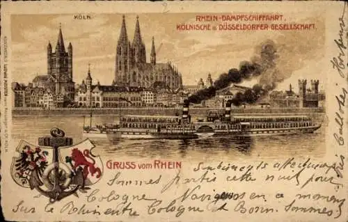 Ak Köln am Rhein, Rheinschiff, Kölner Dom, Dampfer mit Rauch, Gruß vom Rhein