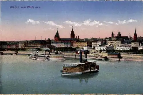 Ak Mainz am Rhein, Mainz vom Rhein aus, Ansicht auf Stadt, Fluss, Dampfschiffe