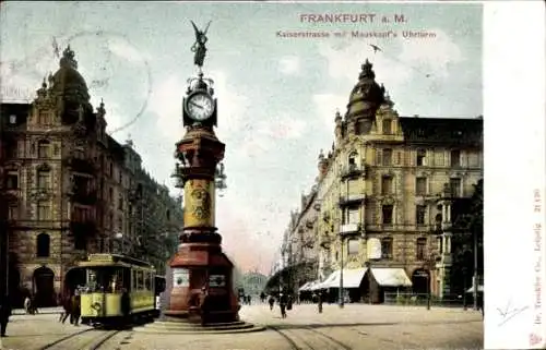 Ak Frankfurt am Main, Frankfurt a. M., Kaiserstrasse, Uhrturm, alte Architektur, Straßenbahn