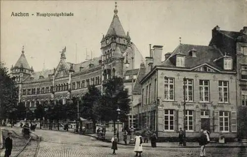 Ak Aachen, Hauptpostgebäude, Architektur, Straße, Personen
