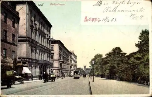 Ak Leipzig in Sachsen, Teilansicht der Goethestraße mit Straßenbahn und Kutschen