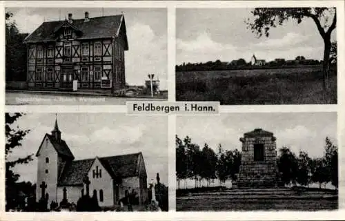 Ak Feldbergen Söhlde in Niedersachsen, Kirche, Gedenkstein, Fachwerkhaus Geschäft Robert Warnebold