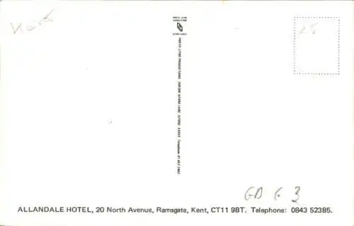 Ak Ramsgate Kent England, Allandale Hotel, Bar, Sitzbereich, Speisesaal, gemütlich