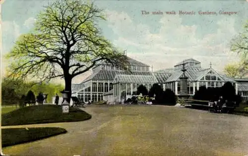 Ak Glasgow Schottland, Botanische Gärten, Gewächshaus, Bäume, Spaziergänger
