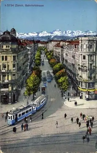 Ak Zürich Stadt Schweiz, Bahnhofstrasse, Tram, Berge im Hintergrund