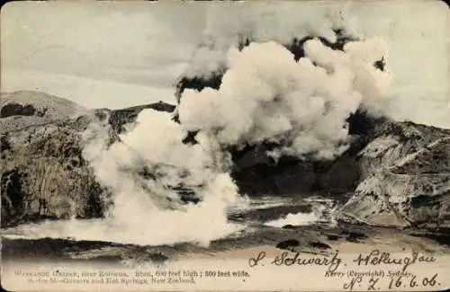 Ak Waimangu Neuseeland, WATMANGU GEYSER, 600 Fuß hoch, 500 Fuß breit, Dampf und heiße Quellen.