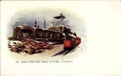 Präge Litho Colorado USA, Summit of Pike's Peak, US Amerikanische Eisenbahn, Rocky Mountains