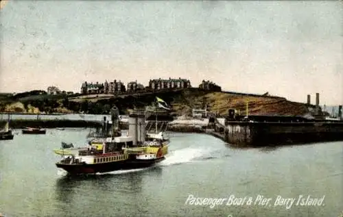 Ak Barry Island Barry Wales, Passagierschiff, Pier, Berg, historische Gebäude