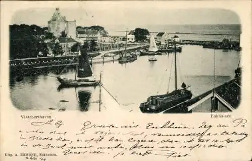 Ak Enkhuizen Nordholland Niederlande, Visschershaven, Hafen mit Segelbooten, alte Gebäude, mal...