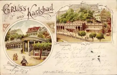 Litho Karlovy Vary Karlsbad Stadt, Schlossbrunnen, Felsenquelle