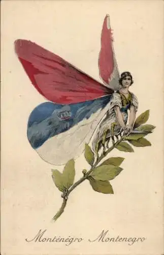Ak Montenegro, Frau mit Schmetterlingsflügeln in den Nationalfarben