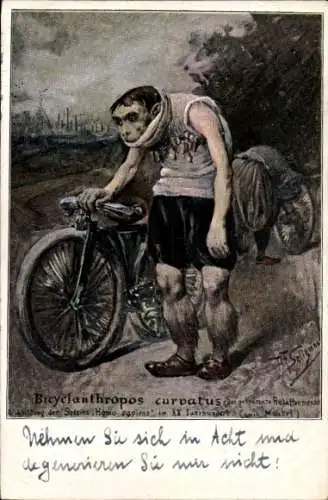 Künstler Ak Bicyclantrophos curvatus, Radfahrer, der zu viel Rad gefahren ist