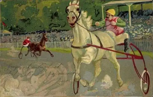 Litho Trabrennen, Pferde mit Sulkys auf der Rennbahn, Tribüne