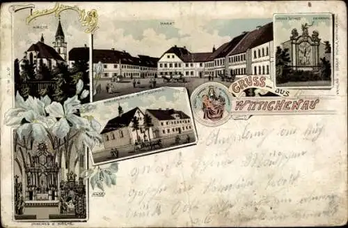 Ak Wittichenau in der Oberlausitz, Kirche, Markt, Denkmal, Ansicht von  historische Architektur
