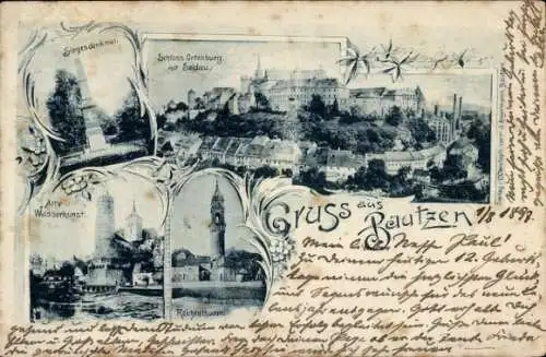 Ak Bautzen in der Oberlausitz, Siegesdenkmal, Schloss Ortenburg, Alte Wasserkunst, Reicherthurm