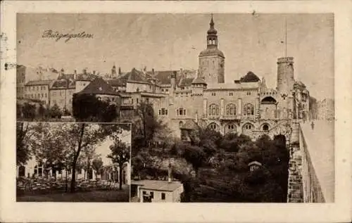 Ak Bautzen in der Oberlausitz, Bürgergarten, Schlossartige Gebäude, Gartenmöbel im Vordergrund