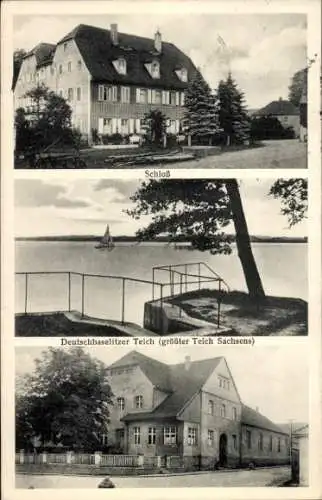 Ak Deutschbaselitz Kamenz Sachsen, Schloss, Deutschbaselitzer Teich, Segelboot, historische Ba...