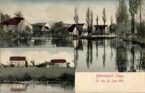 Ak Luga (bei Meißen) Krögis in Sachsen, Heimatsfest, Landschaft mit Wasser, Häuser, ruhige Atm...