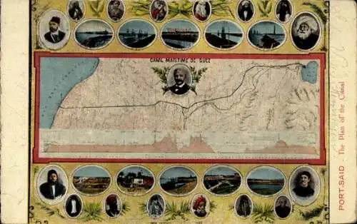 Ak Port Said Ägypten, Plan des Suez Kanals, Portraits