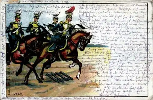 Litho Deutsche Soldaten zu Pferden, Kaiserzeit, Ulanen