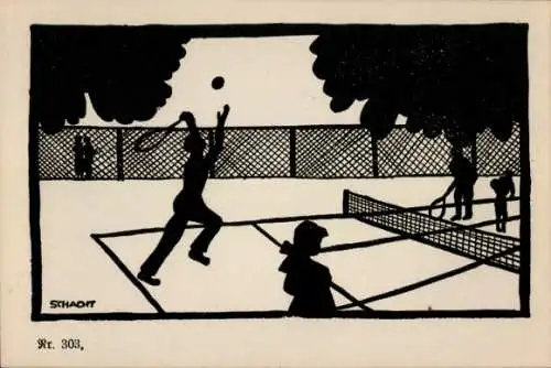 Scherenschnitt Künstler Ak Schacht, Menschen spielen Tennis