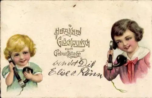 Ak Glückwunsch Geburtstag, Kinder beim Telefonieren, Telefon