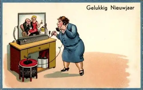Ak Glückwunsch Neujahr, Frau beim Telefonieren, Telefon, Liebespaar