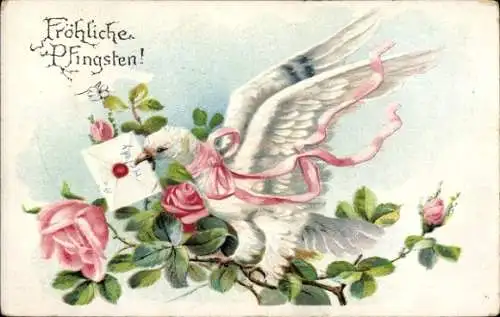 Ak Glückwunsch Pfingsten, Taube, Brief, Rosen