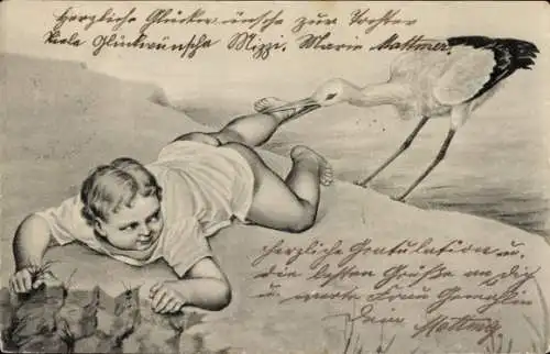 Litho Geburt, Baby, Storch
