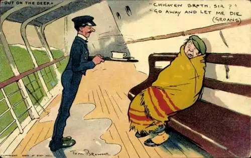 Künstler Ak Seekranker Mensch, Dampfer, Mann mit Tasse Tee