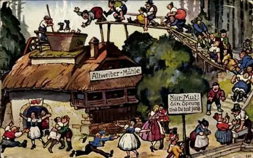 Künstler Ak Boettcher, Hans, Märchen von der Altweibermühle, Ein Sprung und du bist jung