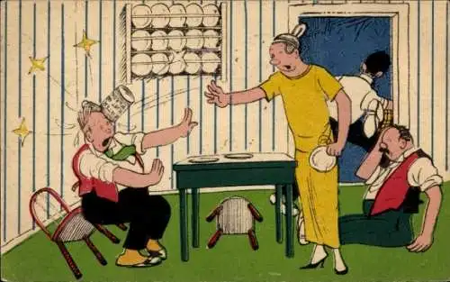 Ak Mann mit Tasse geschlagen, Wütende Frau, Tisch