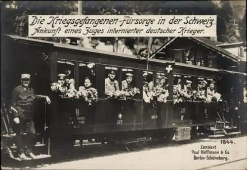 Ak Kriegsgefanenen-Fürsorge in der Schweiz, internierte deutsche Soldaten, Rotes Kreuz, I WK