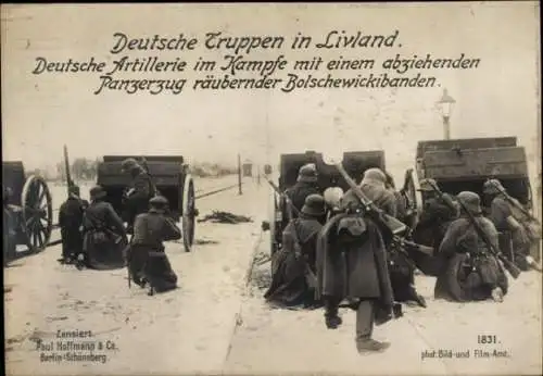 Ak Livland, Deutsche Soldaten, I. WK, Deutsche Artillerie im Kampf mit russischem Panzerzug