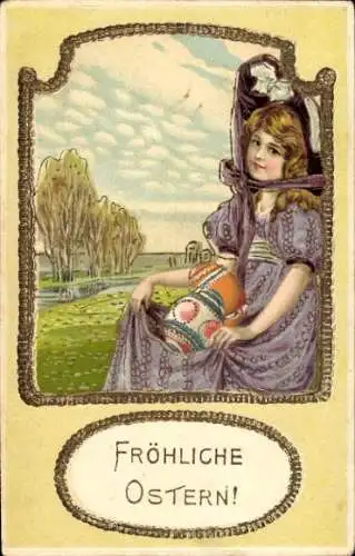 Passepartout Ak Fröhliche Ostern, Mädchen, Ostereier