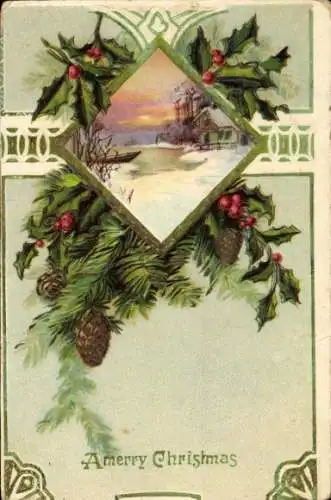 Präge Ak Frohe Weihnachten, Stechpalme, Tannenzapfen, Haus am gefrorenen See