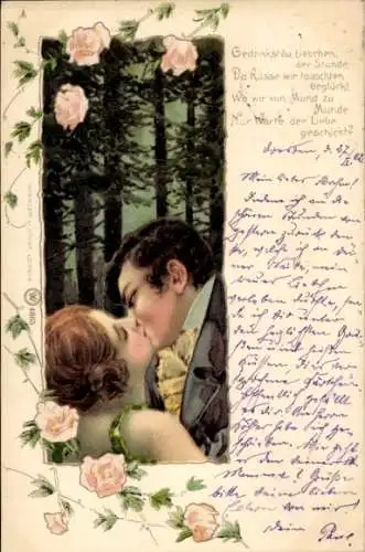 Litho Liebespaar, Kuss, Blumen, Rosen