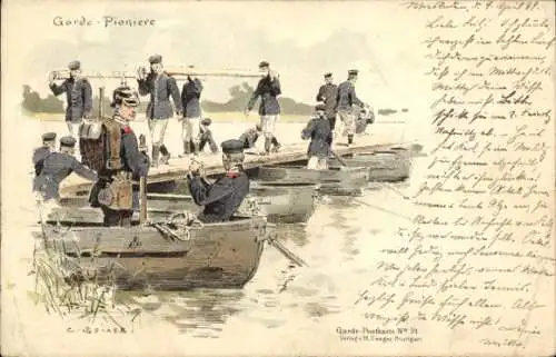 Künstler Ak Becker, Carl, Soldaten in Booten, Soldaten tragen Holzplanken