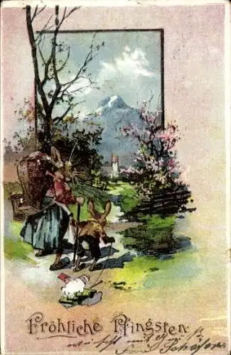 Litho Fröhliche Pfingsten, Hasenmutter mit Kiepe und Kleinkind auf dem Weg zum Ort